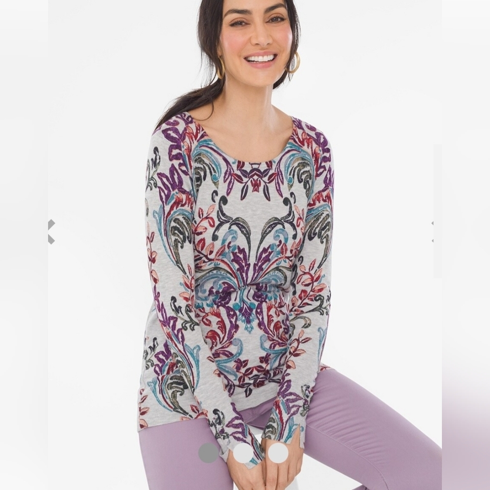 Chico's scroll-Print Button Sleeve Pullover Sweater